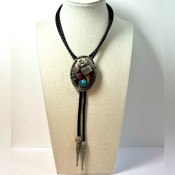 Vintage Native Southwestern Vintage Bolo Genuine Turquoise Coral Bear Claw Heavy - Picture 1 of 5
